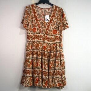 Bila Short Sleeve Paisley Floral Dress, Women's Size S - Orange/Cream